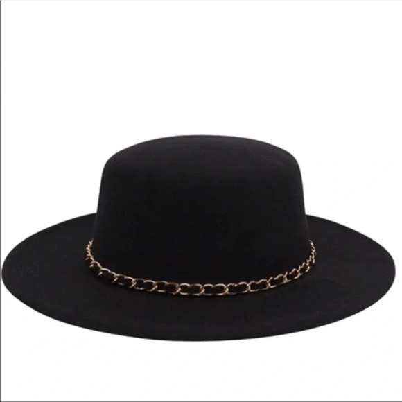 Wide Brim Felt Hat with Gold Chain | Boho Fedora Fall Winter Style - Picture 3 of 3